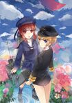  adapted_uniform alternate_costume bad_id bad_pixiv_id blonde_hair blue_eyes brown_eyes brown_hair cloud day flower grass hat kantai_collection kleinlight looking_at_viewer military military_uniform multiple_girls neckerchief open_mouth peaked_cap sailor_hat short_hair sky smile uniform water z1_leberecht_maass_(kantai_collection) z3_max_schultz_(kantai_collection) 