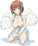  angel_wings barefoot breasts breasts_outside brown_hair feathered_wings flower hair_flower hair_ornament kneeling large_breasts looking_at_viewer nipples shirakawa_mio short_hair smile solo umanosuke wake_up_girls! wake_up_girls!_stage_no_tenshi wings 