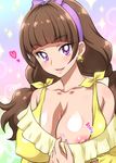  amanogawa_kirara artist_name bare_shoulders blush bow breasts brown_hair earrings go!_princess_precure hairband heart jewelry joy_ride large_breasts long_hair low_twintails nail_polish nipple_slip nipples precure purple_eyes purple_hairband smile solo star star_earrings twintails 