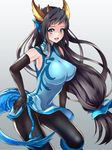  :d black_hair blue_eyes breasts chinese_clothes covered_navel dragon_tail elbow_gloves gloves hajime_(azutantakatan) head_fins horns karin_(p&amp;d) large_breasts long_hair low-tied_long_hair open_mouth pantyhose puzzle_&amp;_dragons smile solo tail very_long_hair 