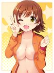  ;d blush breasts brown_hair halftone halftone_background honda_mio idolmaster idolmaster_cinderella_girls jacket large_breasts long_sleeves naked_track_jacket navel no_bra no_nipples one_eye_closed open_clothes open_jacket open_mouth short_hair smile solo star sweatband totokichi track_jacket v yellow_background yellow_eyes 