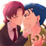  1girl bazett_fraga_mcremitz blue_hair blush earrings fate/hollow_ataraxia fate_(series) formal hetero jewelry kiss lancer misoiri_(gokutsubushi) mole nose_kiss purple_eyes purple_hair red_eyes short_hair suit 