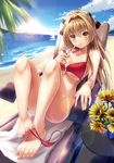  amagi_brilliant_park barefoot beach bikini bikini_bottom_removed bison_cangshu bow breasts brown_eyes brown_hair cleavage day drinking feet flower glass hair_bow hair_ribbon horizon large_breasts long_hair looking_at_viewer midriff naughty_face ocean ponytail ribbon sento_isuzu sitting solo sunflower swimsuit toes 