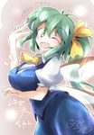  blush bow breasts daiyousei fairy_wings fumitsuki_(minaduki_6) green_eyes green_hair hair_bow large_breasts long_hair open_mouth ribbon side_ponytail smile solo touhou wings 