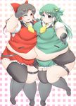  :d adapted_costume ascot asymmetrical_docking asymmetrical_legwear big_belly black_footwear black_gloves blue_eyes blush boots breast_press breasts brown_hair collared_shirt double_chin fat frilled_skirt frills garter_straps gloves green_hair hair_tubes hakurei_reimu highres kochiya_sanae kurokaze_no_sora large_breasts leg_up long_hair looking_at_viewer microphone miniskirt multiple_girls obese one_eye_closed open_mouth red_eyes shirt single_thighhigh skirt smile sparkle standing standing_on_one_leg thigh_strap thighhighs touhou undersized_clothes vest w 