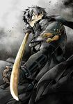  armor black_hair constricted_pupils doudanuki_masakuni gloves highres karasuneko1313 male_focus scar solo sword touken_ranbu weapon yellow_eyes 