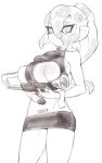  1girl bare_shoulders breasts closed_mouth eyes_visible_through_hair groin hair_between_eyes highres holding jtveemo large_breasts long_hair microskirt number number_tattoo octarian octoling octoshot_(splatoon) pencil_skirt ponytail simple_background single_sleeve skirt solo splatoon splatoon_(series) splatoon_2 standing tattoo tentacle_hair thighs tight underboob underboob_cutout white_background wristband 