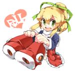  1girl blonde_hair blush boots character_name dress green_eyes hair_between_eyes hair_ribbon hands_on_own_knees high_ponytail iroyopon long_hair looking_at_viewer metool open_mouth ponytail red_footwear ribbon rockman rockman_(classic) rockman_8 roll sidelocks sitting smile solo teeth 