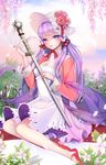  bad_id bad_pixiv_id bonnet dress flower hair_flower hair_ornament hair_ribbon holding holding_sword holding_weapon long_hair long_sleeves looking_at_viewer petals pintail purple_eyes purple_hair ribbon sheath sheathed shoes sitting solo sword sword_girls weapon white_dress yumaomi 