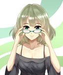  bare_shoulders bespectacled blue_eyes brown_hair glasses greave_(asterism) green_eyes heterochromia idolmaster idolmaster_cinderella_girls looking_at_viewer mole mole_under_eye short_hair smile solo takagaki_kaede 