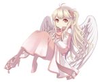  artist_name blonde_hair boots brown_eyes feathered_wings hair_ornament hairpin long_hair long_sleeves mabinogi one_side_up original pink_footwear pk_(mist117) popped_collar simple_background solo very_long_hair white_background wings 