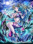  aqua_hair bare_shoulders blush breasts cleavage cloud dragon esukee fairy_wings full_moon hair_ornament high_heels large_breasts looking_at_viewer midriff moon navel night night_sky official_art original outstretched_arm parted_lips red_eyes ribbon scepter seisen_cerberus sitting skirt sky smile solo wand water water_dragon wings wristband 