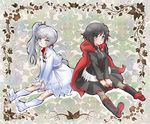  2girls dress multiple_girls ponytail ruby_rose rwby scar smile weiss_schnee white_hair 