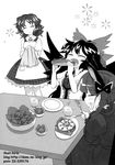  animal_ears apron blush bow braid closed_eyes doujinshi eating egg food greyscale guest_art hair_bow highres kaenbyou_rin kazami_yuuka kiriu long_hair monochrome multiple_girls open_mouth reiuji_utsuho salad short_hair smile toast touhou twin_braids 