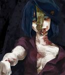  bags_under_eyes blood blue_eyes blue_hair breasts guro hat injury jiangshi jitome koudon looking_at_viewer miyako_yoshika ofuda open_clothes open_shirt outstretched_arm outstretched_arms rotting shirt short_hair short_sleeves simple_background small_breasts solo star touhou zombie zombie_pose 