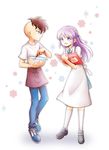  1girl apron bad_id bad_pixiv_id blue_eyes book brown_hair english fudou_akio gz_(gzxd) inazuma_eleven inazuma_eleven_(series) kudou_fuyuka leaning_forward long_hair mixing_bowl necktie open_mouth purple_hair shoes short_hair skirt socks standing whisk white_background 