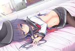  :3 akatsuki_(kantai_collection) bed black_hair blue_eyes blush cowboy_shot hat jewelry kantai_collection long_hair looking_at_viewer lying mentei_yakuna midriff navel neckerchief on_bed on_side open_mouth pantyhose red_neckwear ring school_uniform serafuku shirt_lift solo wedding_band 