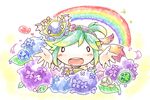  :d blush dragon flower green_hair hair_flower hair_ornament leaf looking_at_viewer nyagakiya open_mouth orb outstretched_arms plan_(p&amp;d) puzzle_&amp;_dragons short_hair smile snail solid_circle_eyes solo sparkle 