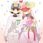  1boy 1girl arm_holding black_hair blonde_hair blush bouquet bow bowtie capcom confetti couple dress episode_number eyes_closed flower gloves green_eyes heart helmet netnavi rockman rockman_exe rockman_exe_(character) roll uru-arrow wedding wedding_dress white_background white_dress white_gloves 