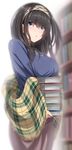  bangs black_hair blue_eyes blue_shirt blurry blush book breast_rest breasts carried_breast_rest depth_of_field hairband idolmaster idolmaster_cinderella_girls large_breasts long_hair looking_at_viewer nohito parted_lips plaid sagisawa_fumika shawl shirt solo 