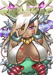  bodypaint breast_rest breasts claws dark_skin draggie_(p&amp;d) dragon dragon_girl facial_mark heterochromia horns large_breasts light_brown_hair long_hair nyagakiya open_mouth purple_eyes puzzle_&amp;_dragons simple_background solo sonia_gran white_background yellow_eyes 