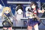  allenes angled_foregrip assault_rifle benelli_m1014 black_hair blonde_hair blue_eyes collaboration eotech gloves gun hair_ribbon handgun highres holster knife long_hair m4_carbine multiple_girls original ribbon rifle scarf school_uniform serafuku shotgun space_craft space_shuttle thigh_holster thighhighs trigger_discipline twintails v weapon yuri_shoutu zettai_ryouiki 