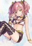  ama-tou bare_arms bare_shoulders black_legwear bracelet breasts crop_top hair_ribbon idolmaster idolmaster_cinderella_girls jewelry jougasaki_mika medium_breasts navel pink_hair pose ribbon shorts sitting smile solo thighhighs twintails yellow_eyes 