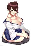  artist_name bare_shoulders black_legwear breasts brown_eyes brown_hair cleavage covered_nipples huge_breasts kaga_(kantai_collection) kantai_collection lips looking_at_viewer parted_lips raised_eyebrows seiza short_hair side_ponytail simple_background sitting solo thighhighs thighs white_background zonda_(solid_air) 