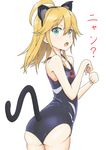  ahoge animal_ears blonde_hair cat_ears cat_tail fake_animal_ears green_eyes leopard_(yatterman) long_hair looking_at_viewer one-piece_swimsuit open_mouth shunichi solo swimsuit tail time_bokan_(series) translated yatterman yoru_no_yatterman 