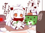  ahoge claws covered_mouth detached_sleeves dress go_back! horn horns kantai_collection long_hair mittens multiple_girls northern_ocean_hime orange_eyes red_eyes sako_(bosscoffee) seaport_hime shinkaisei-kan sitting translation_request white_dress white_hair white_skin 