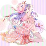  adapted_costume alternate_costume asuka_(meruhen67) bow capelet crescent dress hair_bow hair_ornament hat hat_bow highres kneeling long_hair looking_at_viewer looking_back mob_cap patchouli_knowledge pink_legwear purple_eyes purple_hair ribbon sleeveless solo striped striped_dress thighhighs touhou 