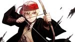  arrow blonde_hair bow_(weapon) drawing_bow fate/stay_night fate_(series) gilgamesh hat highres holding holding_arrow holding_bow_(weapon) holding_weapon jisue10 male_focus red_eyes solo upper_body weapon white_background 