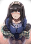  :i bangs black_hair blue_eyes blue_shirt blur blush breasts hairband idolmaster idolmaster_cinderella_girls jewelry long_hair looking_at_viewer medium_breasts nohito pendant plaid pout sagisawa_fumika shawl shirt tears 