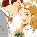  1girl ai_no_wakakusa_monogatari bouquet bow brown_hair couple daisy flower happy hetero husband_and_wife ishigamirin john_brooke lowres margaret_march wedding world_masterpiece_theater wreath 