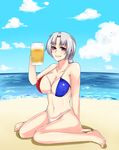  alcohol bangs beach beer beer_mug bikini blue_nails blue_sky braid breasts cloud collarbone covered_nipples cup day fingernails hips holding holding_cup large_breasts legs long_hair nail_polish navel no_hat no_headwear ocean outdoors purple_eyes sagara1990 shiny shiny_skin silver_hair single_braid sitting sky smile solo swimsuit teeth thighs toes toned touhou wariza yagokoro_eirin 