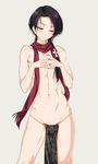  abs blush brown_hair groin hair_ornament highres kashuu_kiyomitsu kure_masahiro loincloth long_hair looking_down male_focus mole mole_under_mouth nail_polish nude otoko_no_ko pelvic_curtain red_eyes red_nails scarf solo toned toned_male touken_ranbu 