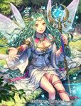  bare_shoulders blush breasts circlet cleavage dress esukee fairy_wings green_hair large_breasts looking_at_viewer official_art original outstretched_arm red_eyes ribbon scepter seisen_cerberus sitting smile soaking_feet solo wand water wings wristband 