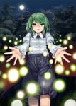  antennae cape cloud danmaku fireflies forest full_moon glowing green_eyes green_hair hakiata juliet_sleeves long_sleeves looking_at_viewer moon nature night open_hands open_mouth outdoors outstretched_arms puffy_sleeves short_hair shorts solo touhou wriggle_nightbug 