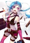 absurdres blue_hair braid bullet dj.adonis fang fingerless_gloves flat_chest gloves highres jewelry jinx_(league_of_legends) league_of_legends long_hair midriff navel necklace open_mouth pink_eyes short_shorts shorts single_sleeve smile solo tattoo twin_braids very_long_hair 