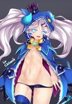  1girl black_panties blue_eyes chiliarch_(elsword) crown elsword fi-san highres horns jacket long_hair luciela_r._sourcream open_clothes open_jacket panties panty_pull silver_hair solo symbol-shaped_pupils thighhighs underwear 