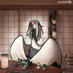  aircraft airplane animalization bird black_hair brown_eyes brown_hair crane_(animal) hairband hamu_koutarou hatsushimo_(kantai_collection) kantai_collection long_hair multiple_girls muneate peeking_out ponytail shoukaku_(kantai_collection) silver_hair sliding_doors yahagi_(kantai_collection) 