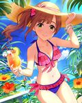  artist_request bikini bow bracelet breasts brown_hair cleavage cloud collarbone cowboy_shot day drink drinking_straw flower frilled_bikini frills front-tie_top hair_bow hand_on_headwear hat hibiscus idolmaster idolmaster_cinderella_girls igarashi_kyouko jewelry long_hair looking_at_viewer medium_breasts navel ocean official_art side_ponytail sky smile straw_hat sun_hat swimsuit thigh_gap tropical_drink 