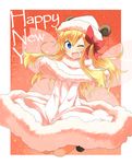  ;d adapted_costume animal_costume blonde_hair blue_eyes blush bow capelet dress dress_tug fairy_wings hair_bow hair_ribbon happy_new_year hat highres horns jumping lily_white long_hair looking_at_viewer new_year nobamo_pieruda one_eye_closed open_mouth ribbon sheep_costume sheep_horns smile solo touhou v_arms wings wool_dress 