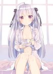  absolute_duo ahoge bangs blush breasts collarbone cup dress_shirt hair_ribbon long_hair looking_at_viewer naked_shirt navel open_clothes open_shirt peko purple_eyes red_eyes ribbon saucer shirt silver_hair sitting small_breasts solo teacup two_side_up yurie_sigtuna 