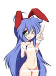  1girl :3 animal_ears blue_hair blush breasts bunny_ears censored cup gloves green_eyes izumi_konata long_hair lucky_star mizushima_(p201112) navel nipples nude open_mouth simple_background small_breasts smile solo wine_glass 