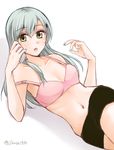  aqua_hair bare_shoulders bike_shorts bra breasts cellphone green_eyes hair_ornament holding holding_phone jikasei kantai_collection long_hair looking_at_viewer nail_polish navel open_mouth phone pink_bra small_breasts solo strap_slip suzuya_(kantai_collection) twitter_username underwear white_background 