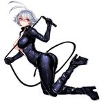  ahoge antenna_hair black_footwear black_gloves black_legwear bodysuit boots breasts center_opening cleavage gloves katagiri_hachigou knee_boots large_breasts original platform_footwear platform_heels pointy_ears red_eyes shiny shiny_clothes short_hair silver_hair simple_background solo twisted_torso whip white_background 