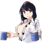  black_hair blush breasts cleavage coffee coffee_mug covered_nipples cup drink giving grin hat holding kamukamu_(ars) large_breasts looking_at_viewer mug open_clothes open_shirt red_eyes shameimaru_aya shirt short_hair simple_background smile solo tokin_hat touhou white_background wings 