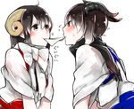  akagi_(kantai_collection) black_eyes brown_eyes brown_hair goat_horns horns japanese_clothes kaga_(kantai_collection) kantai_collection long_hair multiple_girls scarf shuu-0208 side_ponytail 