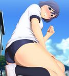  ass blue_eyes blue_hair blush clenched_teeth giantess gym_uniform highres kneeling shoes short_hair solo teeth yadokari_genpachirou 